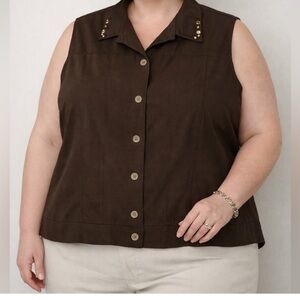 TanJay Beaded Dark Brown Button Down Sleeveless Top